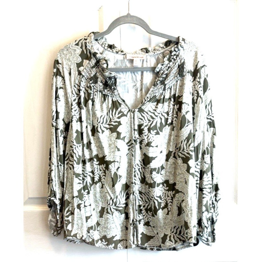 Vintage Threads Olive Green Floral Paisley Smocked V-Neck Blouse XL Q2U072TSC